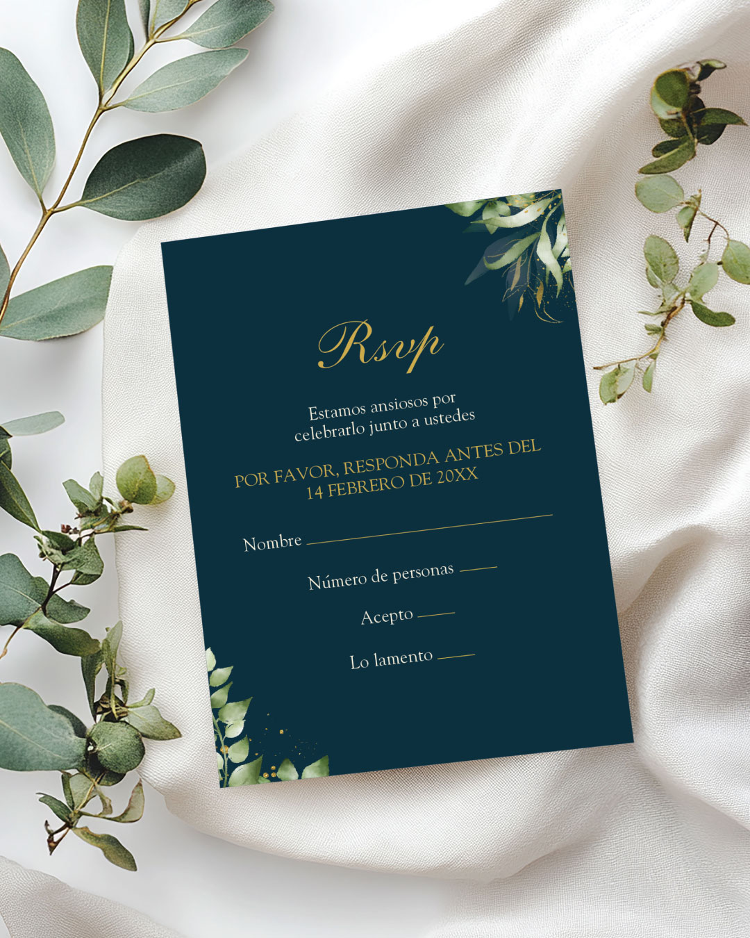 Midnight Botanical Gold Simple Flat 5x7 Wedding Invitation 3