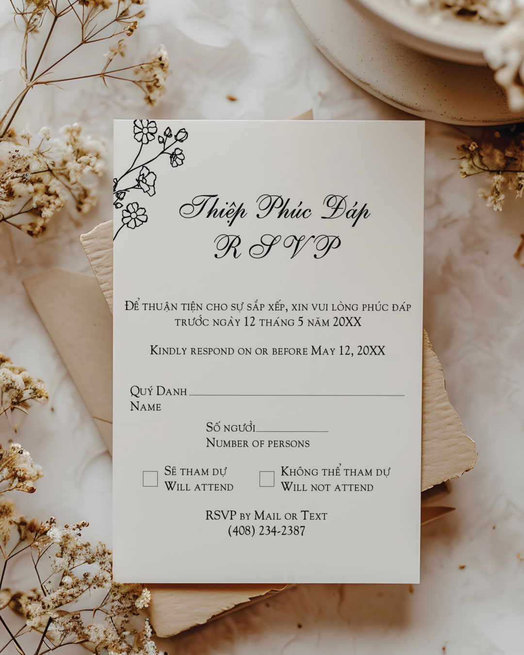 Floral Ink Elegance Simple Flat 5x7 Wedding Invitation 3