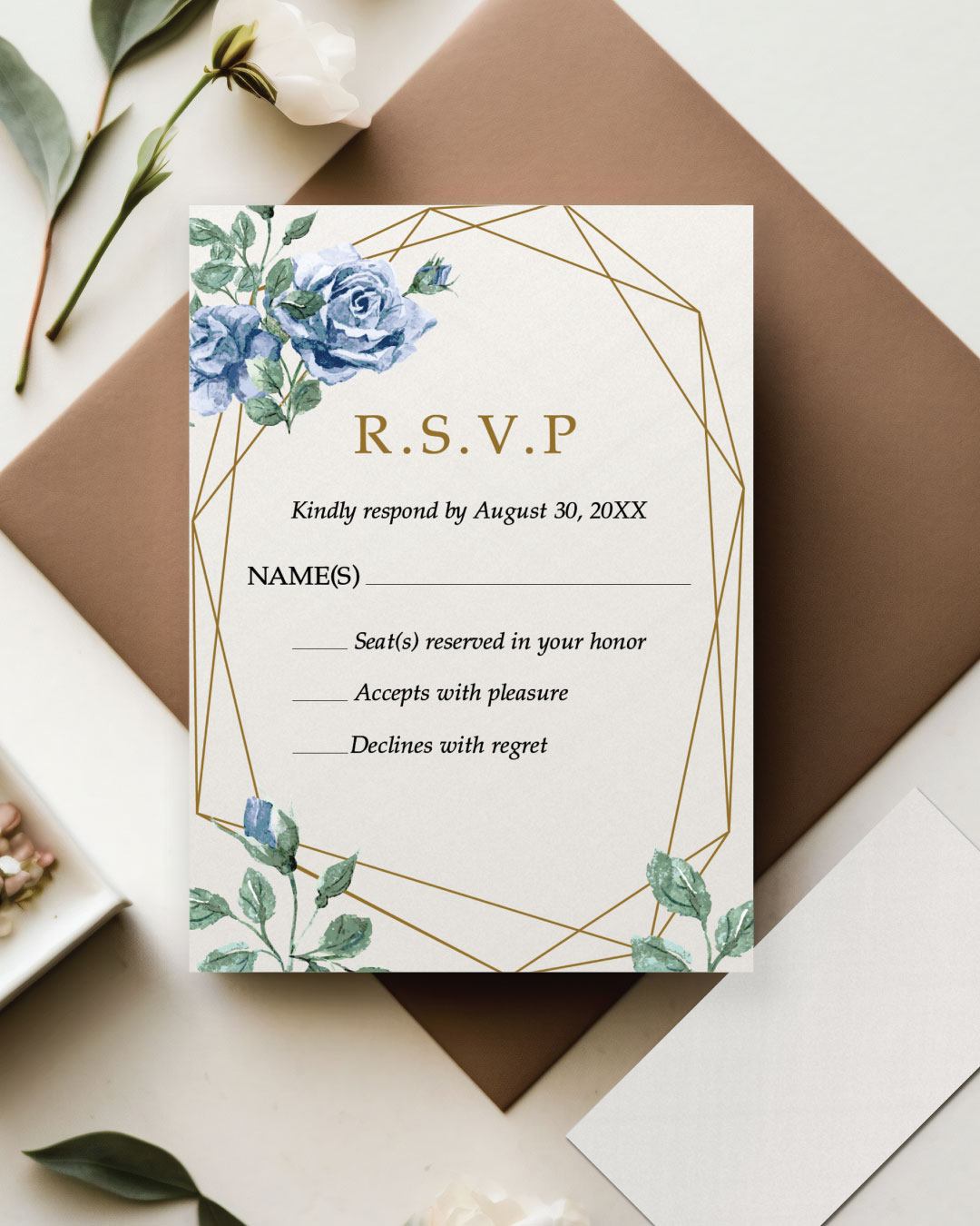 Elegant Navy Floral Simple Flat 5x7 Wedding Invitation 3