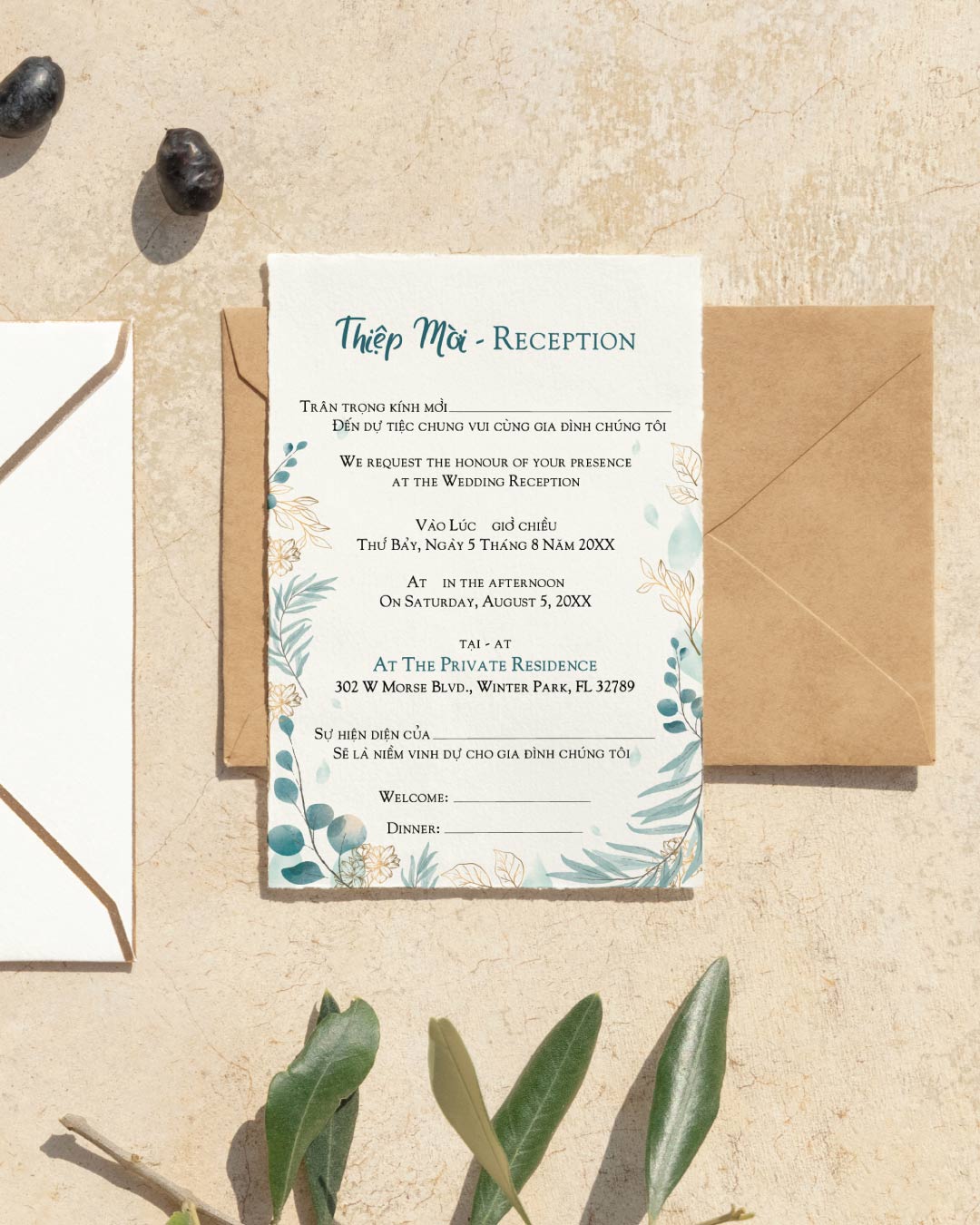 Green Floral Layout Simple Flat 5x7 Wedding Invitation 3