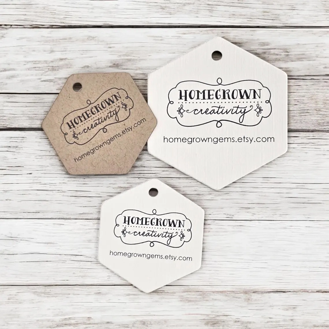 Hexagon Die Cut Hang Tags Customized with your Logo | Multiple Sizes