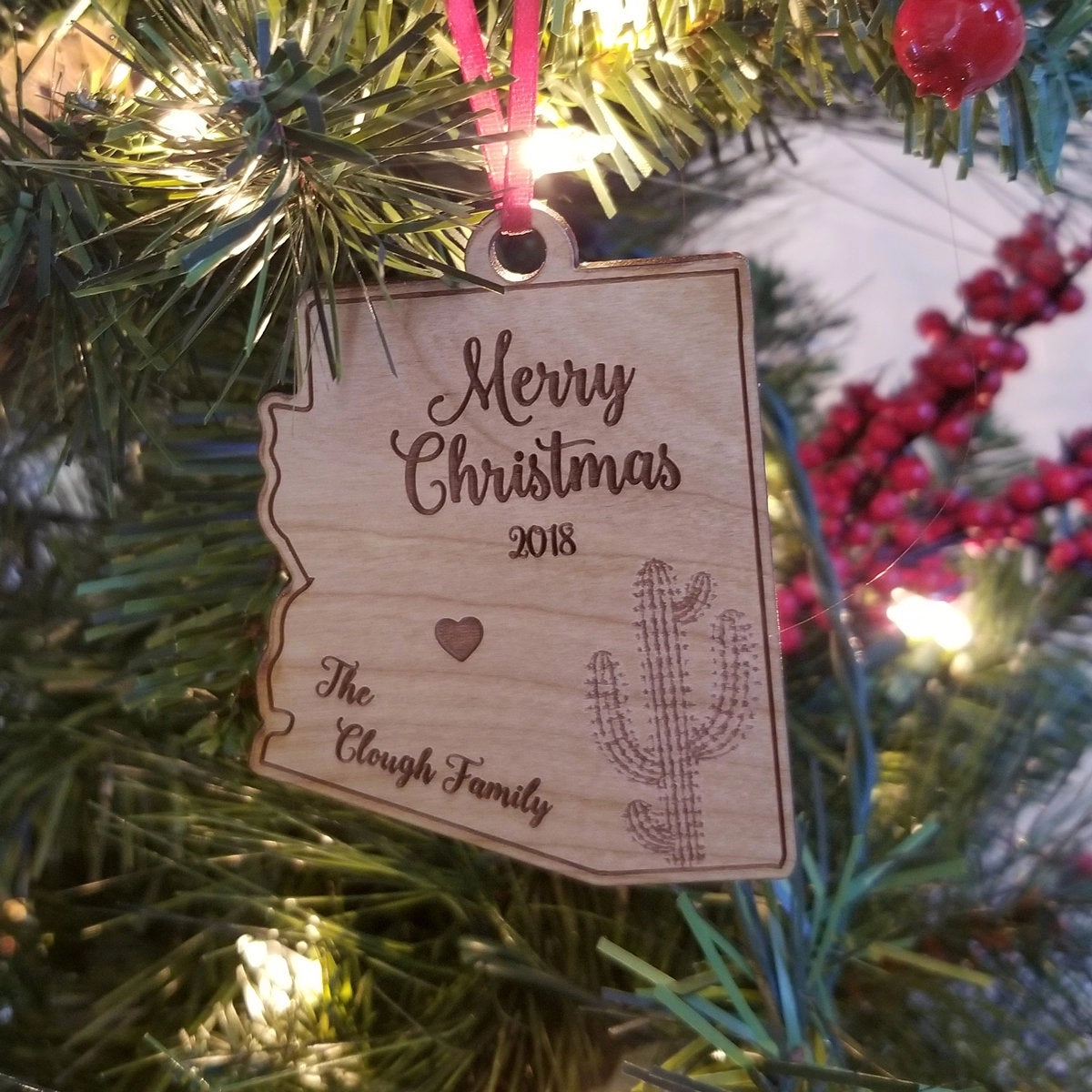 Arizona State Shape Cactus Merry Christmas Wood Ornament 2