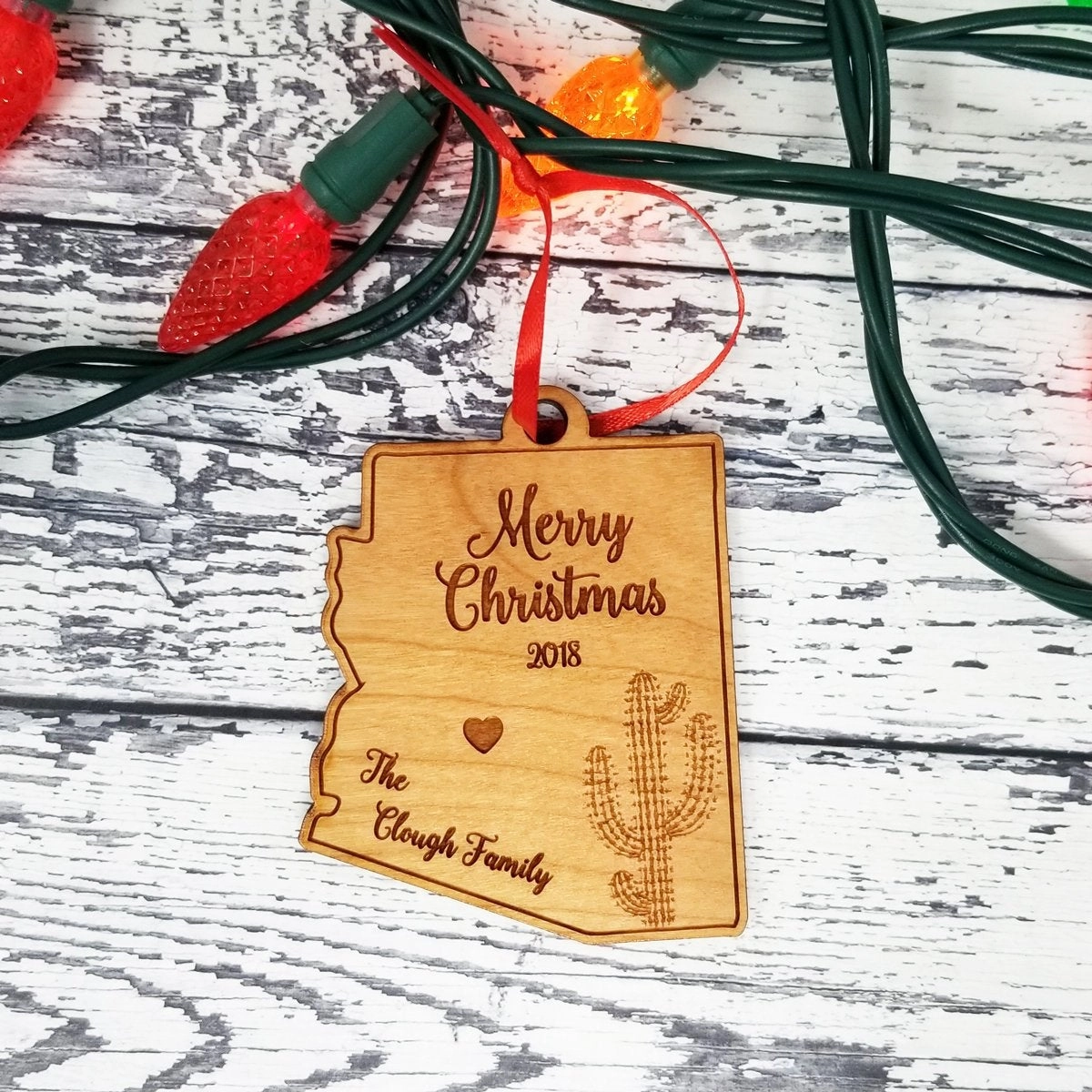 Arizona State Shape Cactus Merry Christmas Wood Ornament 1