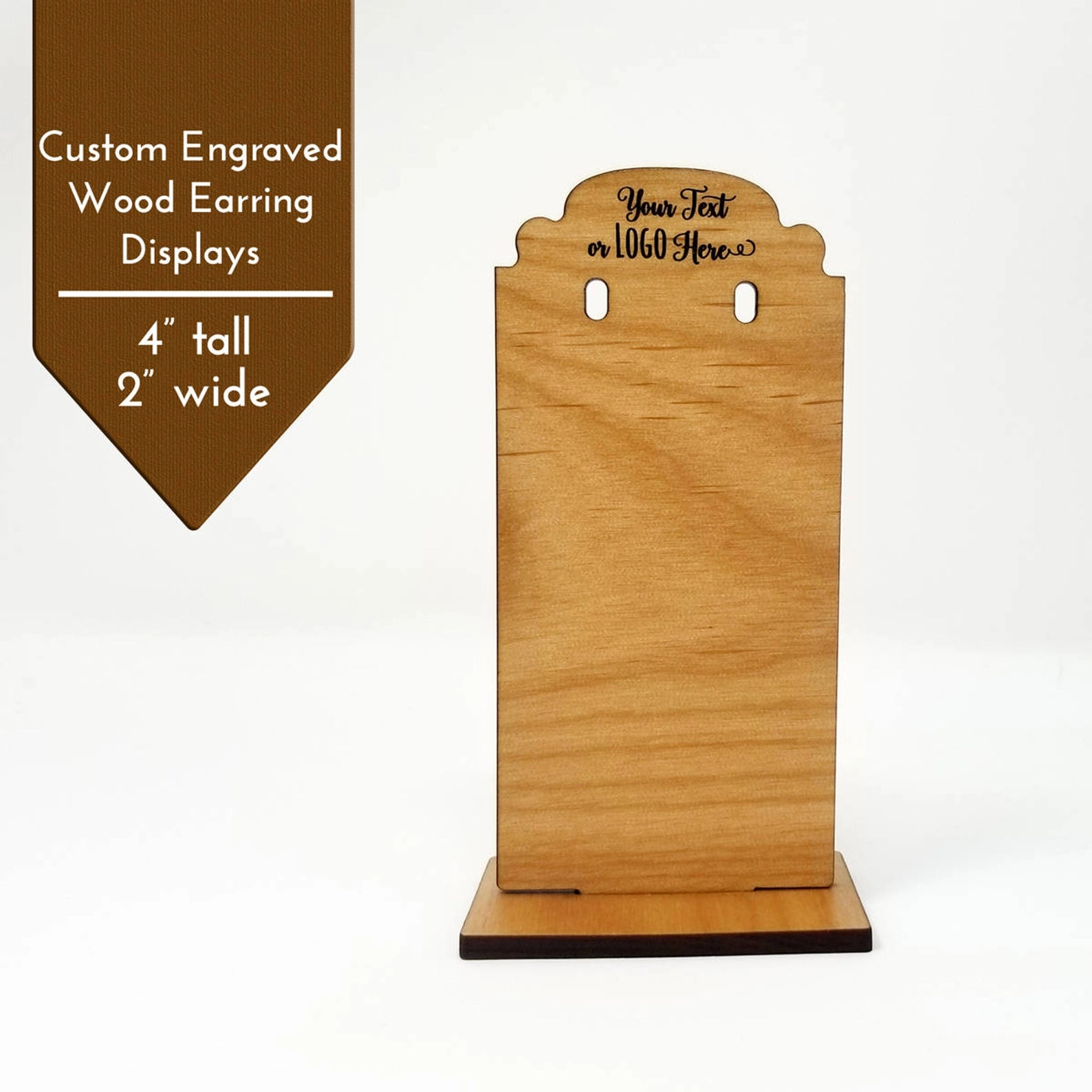 Custom Wood Earring Display Stands Ornate Top - Customized with Logo Text 1