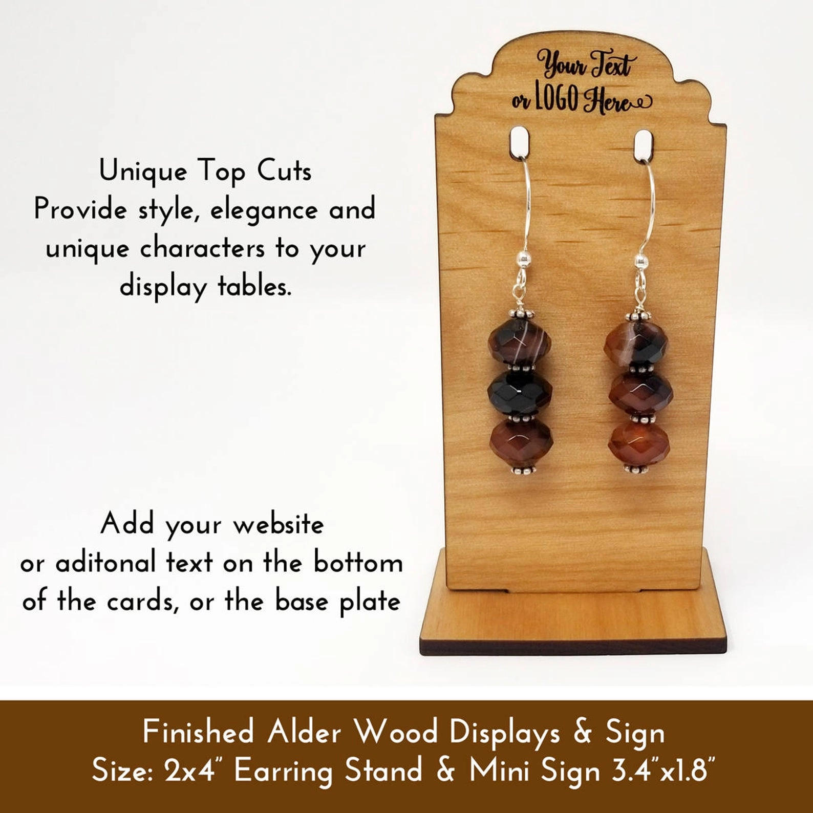 Custom Wood Earring Display Stands Ornate Top - Customized with Logo Text 2