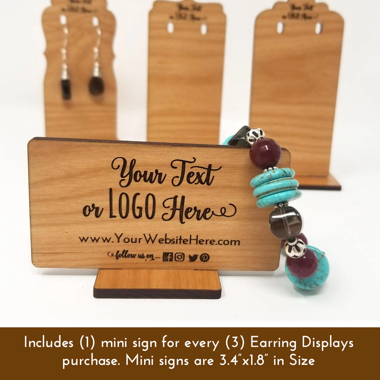 Custom Wood Earring Display Stands Ornate Top - Customized with Logo Text 3