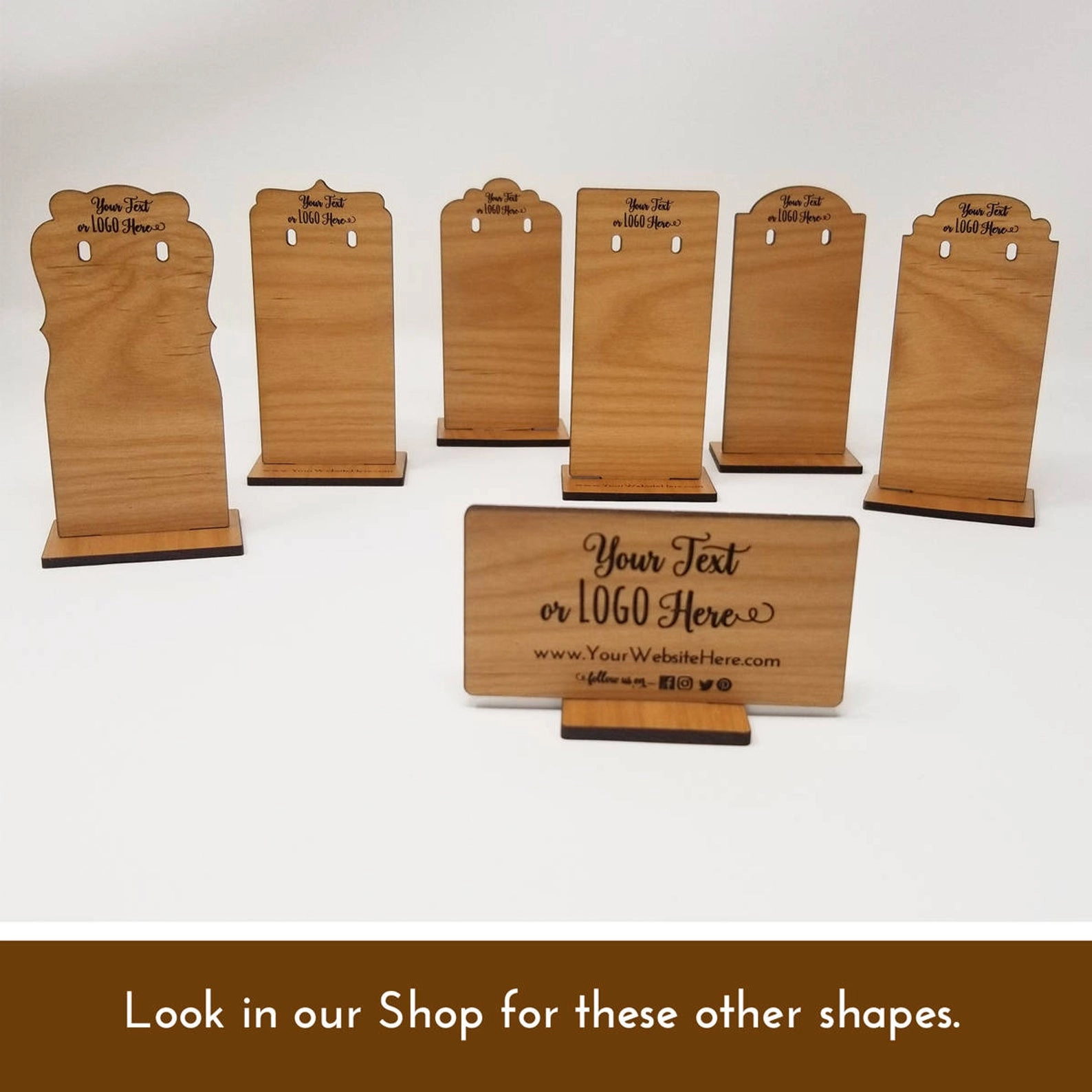 Custom Wood Earring Display Stands Ornate Top - Customized with Logo Text 4