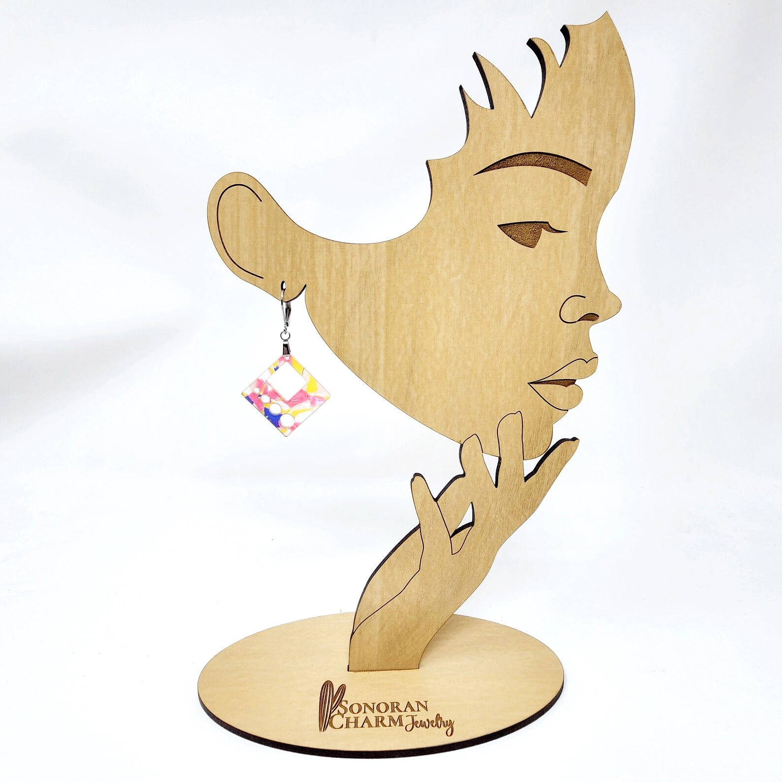 Earring Display Stand Women Girl Side View Silhouette Customized with your Logo Text on Base Stand 2