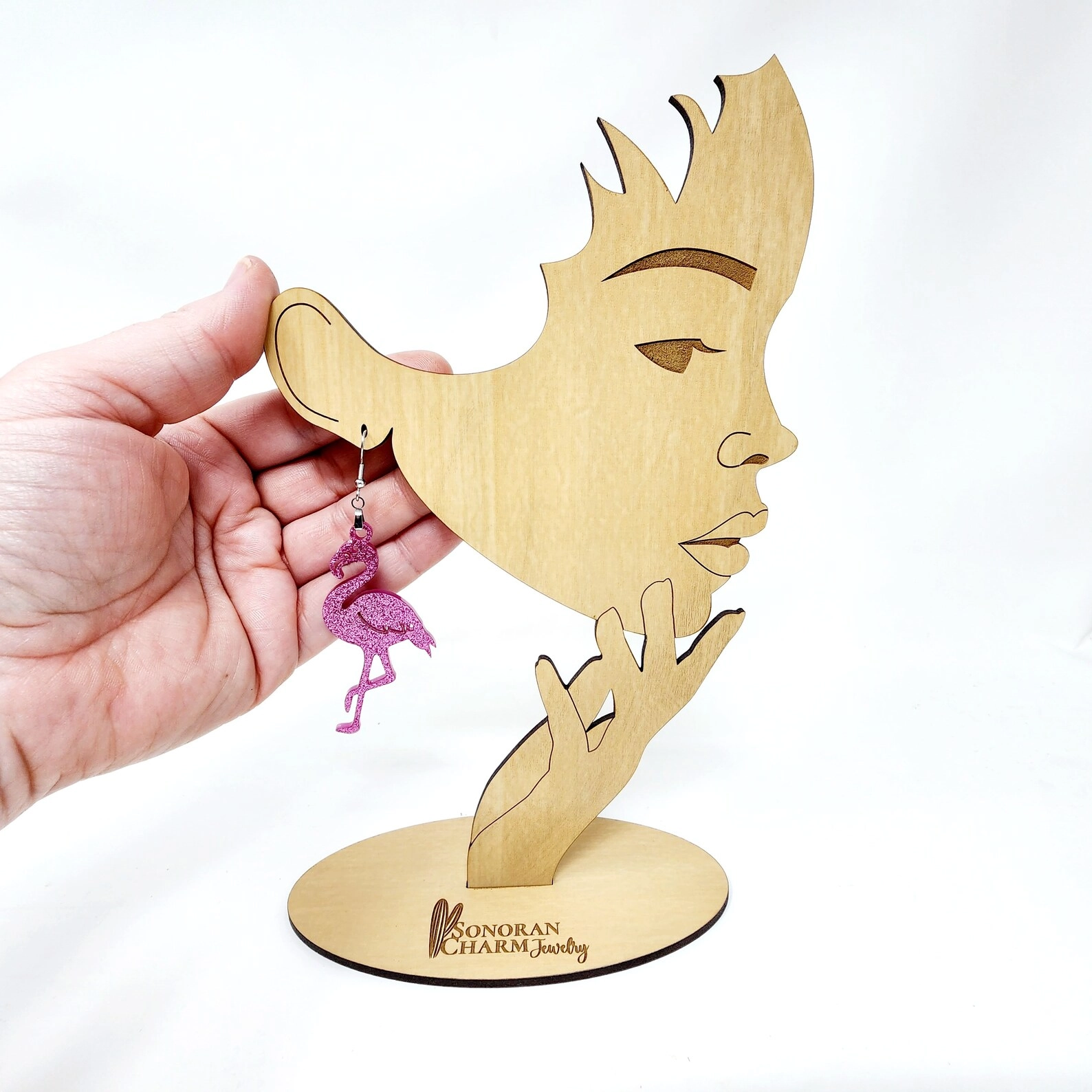 Earring Display Stand Women Girl Side View Silhouette Customized with your Logo Text on Base Stand 4