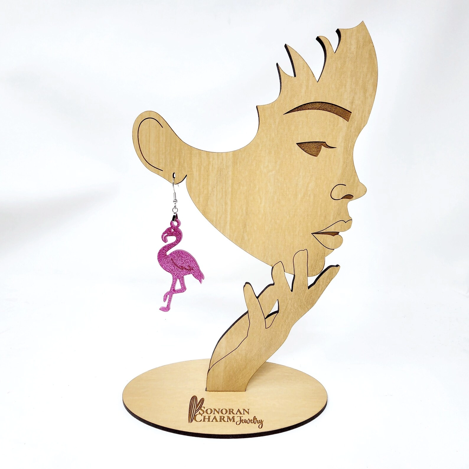 Earring Display Stand Women Girl Side View Silhouette Customized with your Logo Text on Base Stand 3
