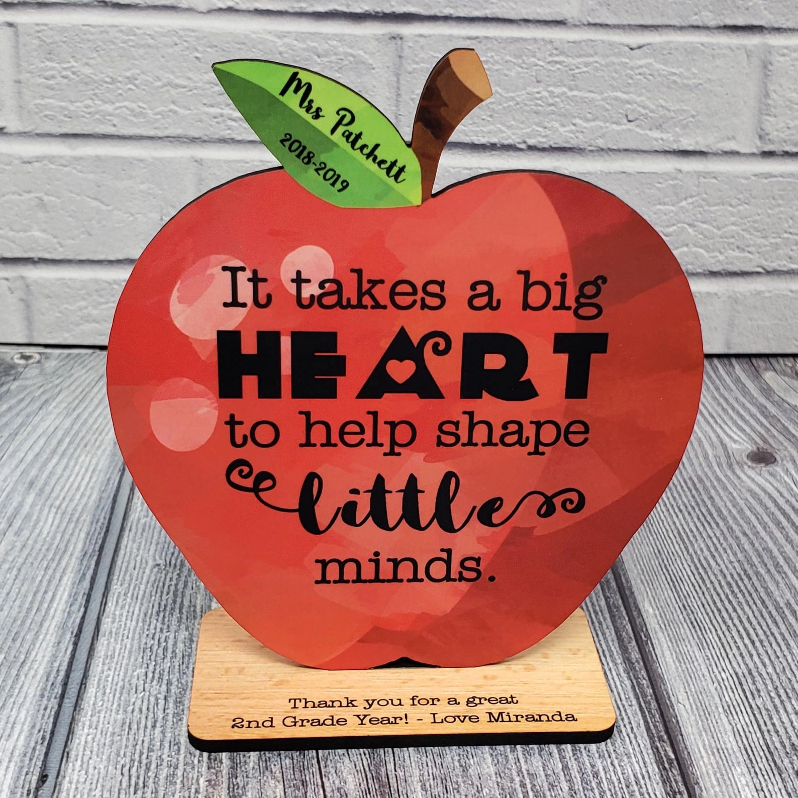 Custom Teacher Appreciation Gift Wood Apple Desk Display Award | Thank You | Big Heart to help Shape 2