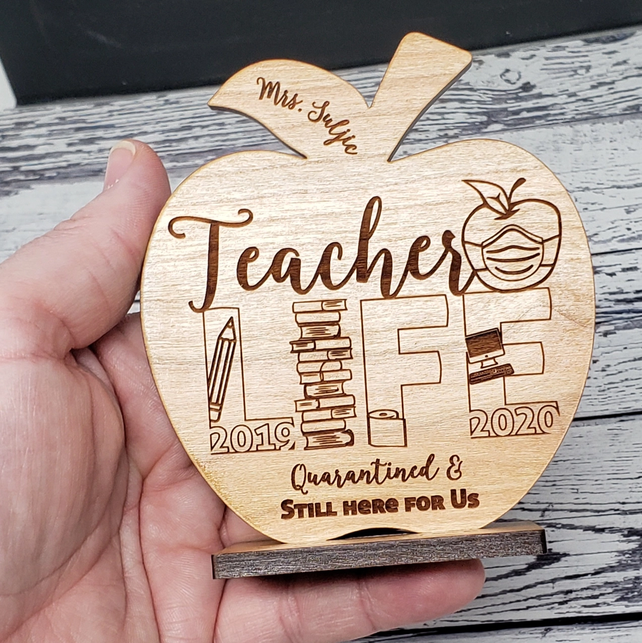 Custom Teacher Appreciation Gift Wood Engraved Apple Desk Display Award | Thank You | Teacher Life 2