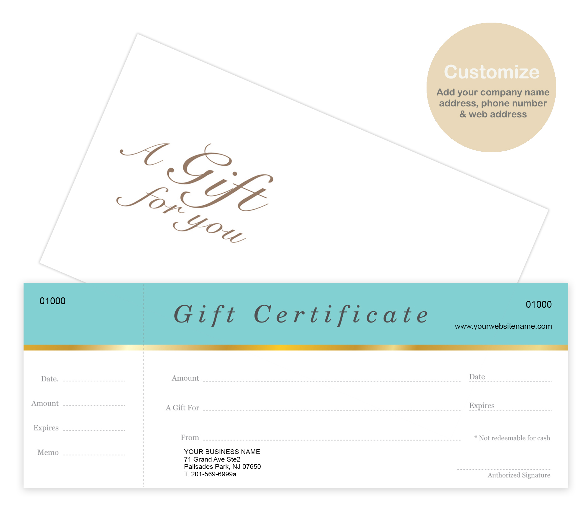 Custom Gift Certificates Cards with Envelopes 100 set - Aqua Blue