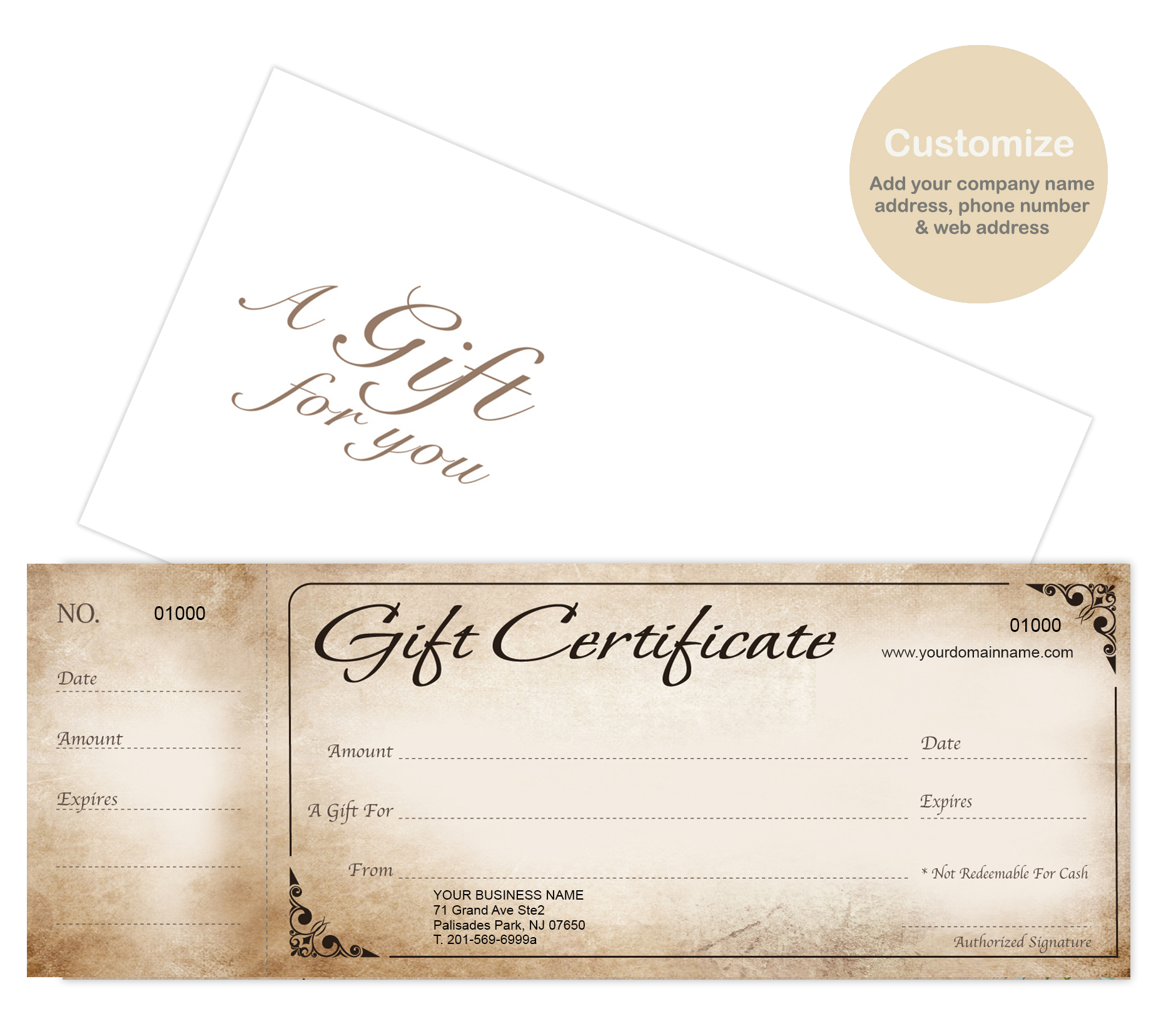 Custom Gift Certificates Cards with Envelopes 100 set - Rustic