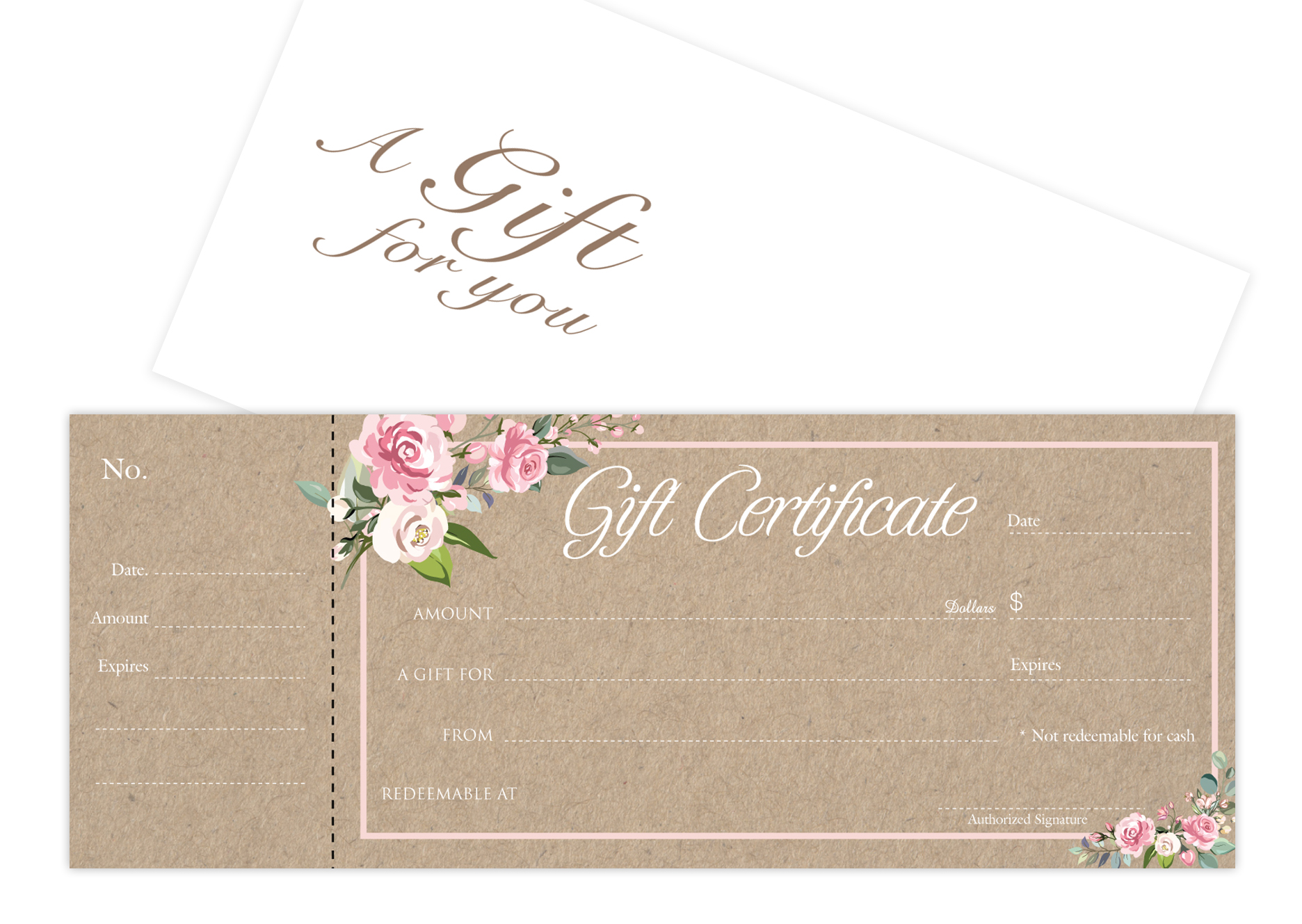 Blank Gift Certificates 25set - Kraft Rose with Stub