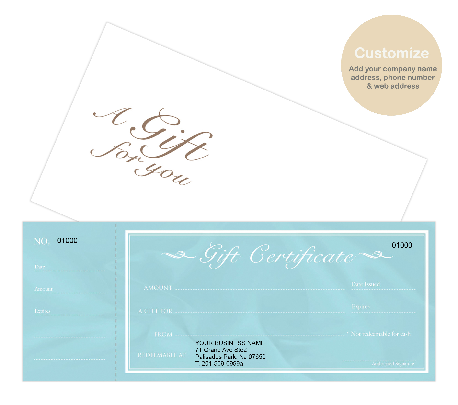 Custom Gift Certificates Cards with Envelopes 100 set - Modern Teal