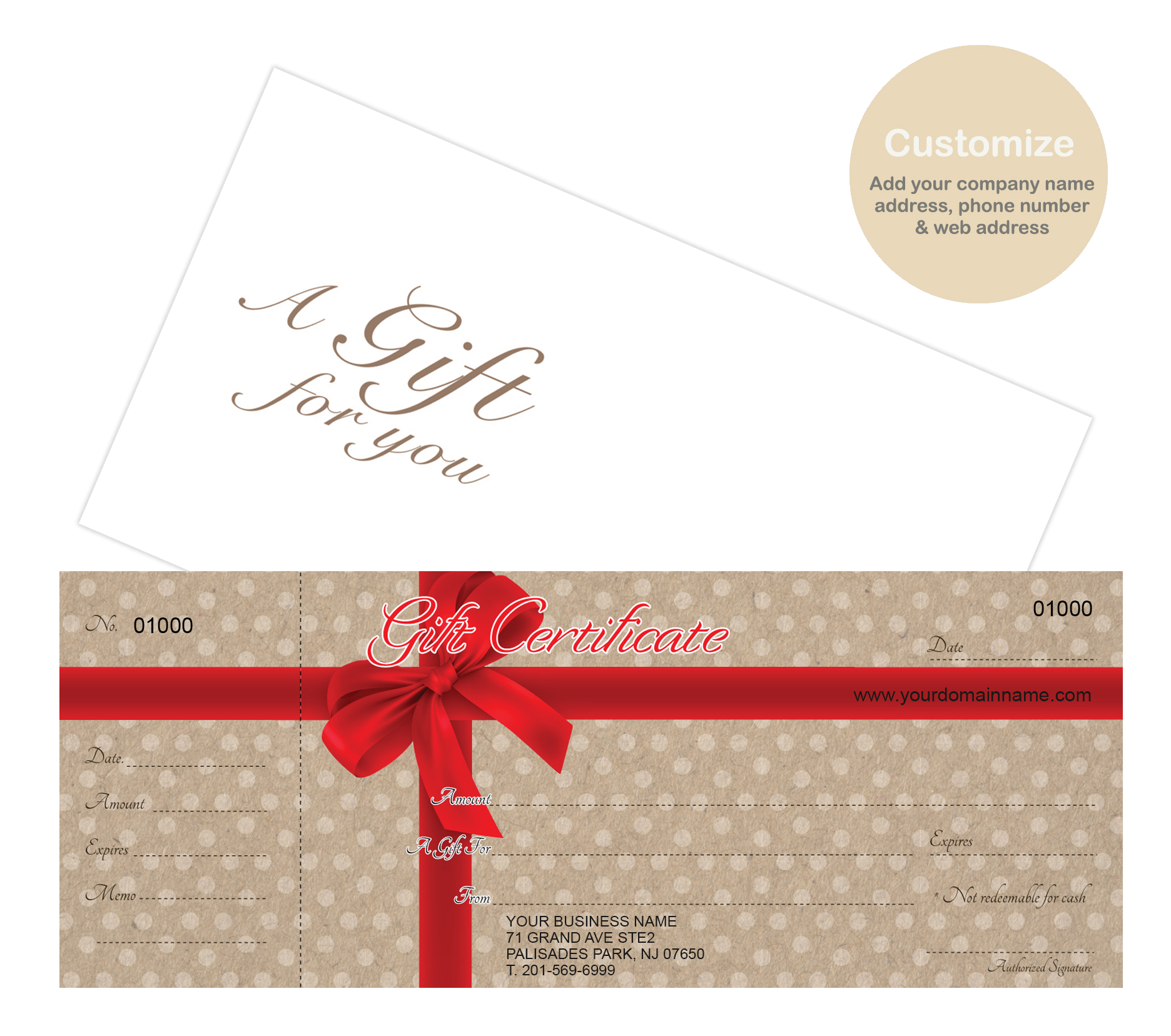 Custom Gift Certificates Cards with Envelopes 100 set - Red Ribbon With Dots on Kraft Image