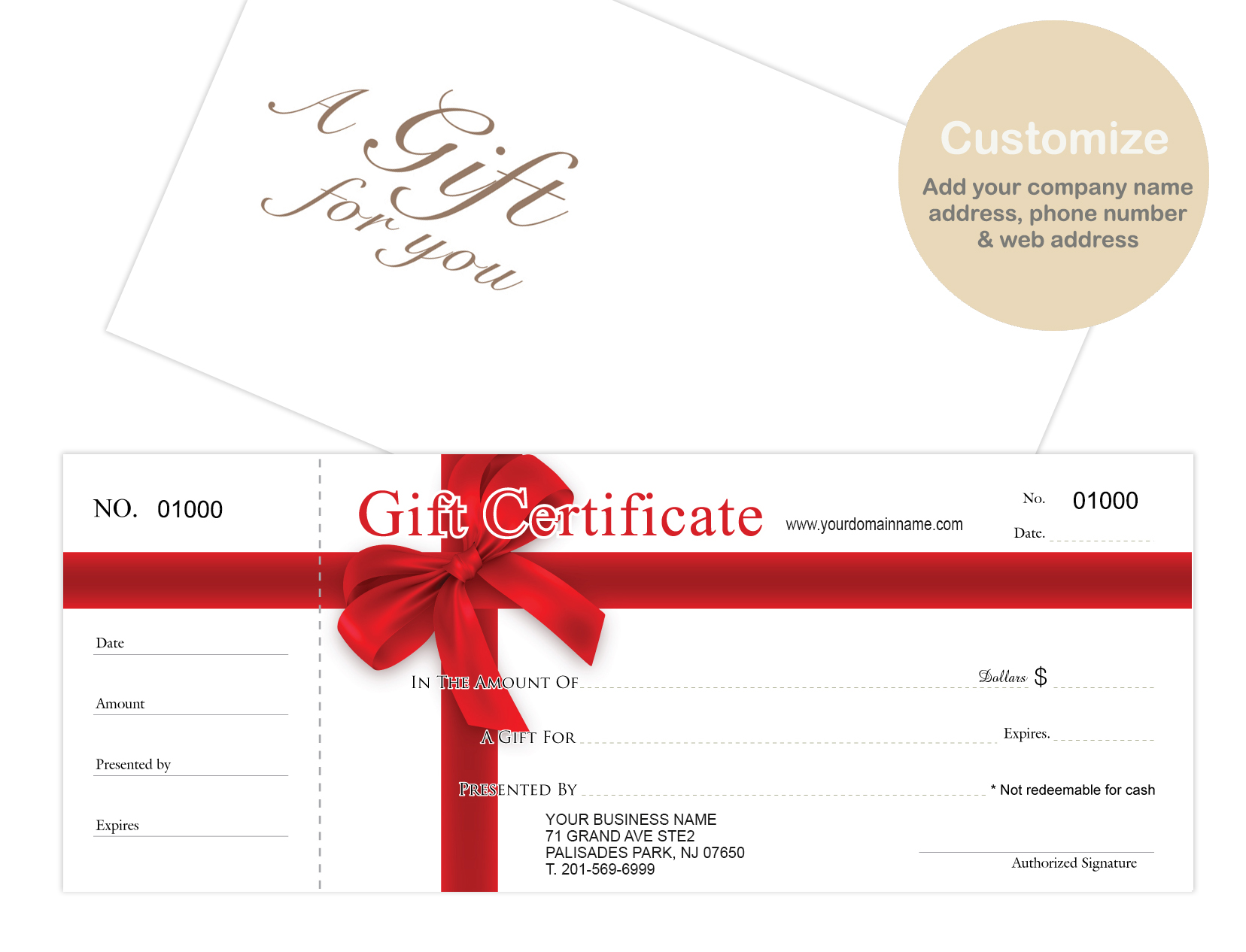 Custom Gift Certificates Cards with Envelopes 100 set -RED-RIBBON