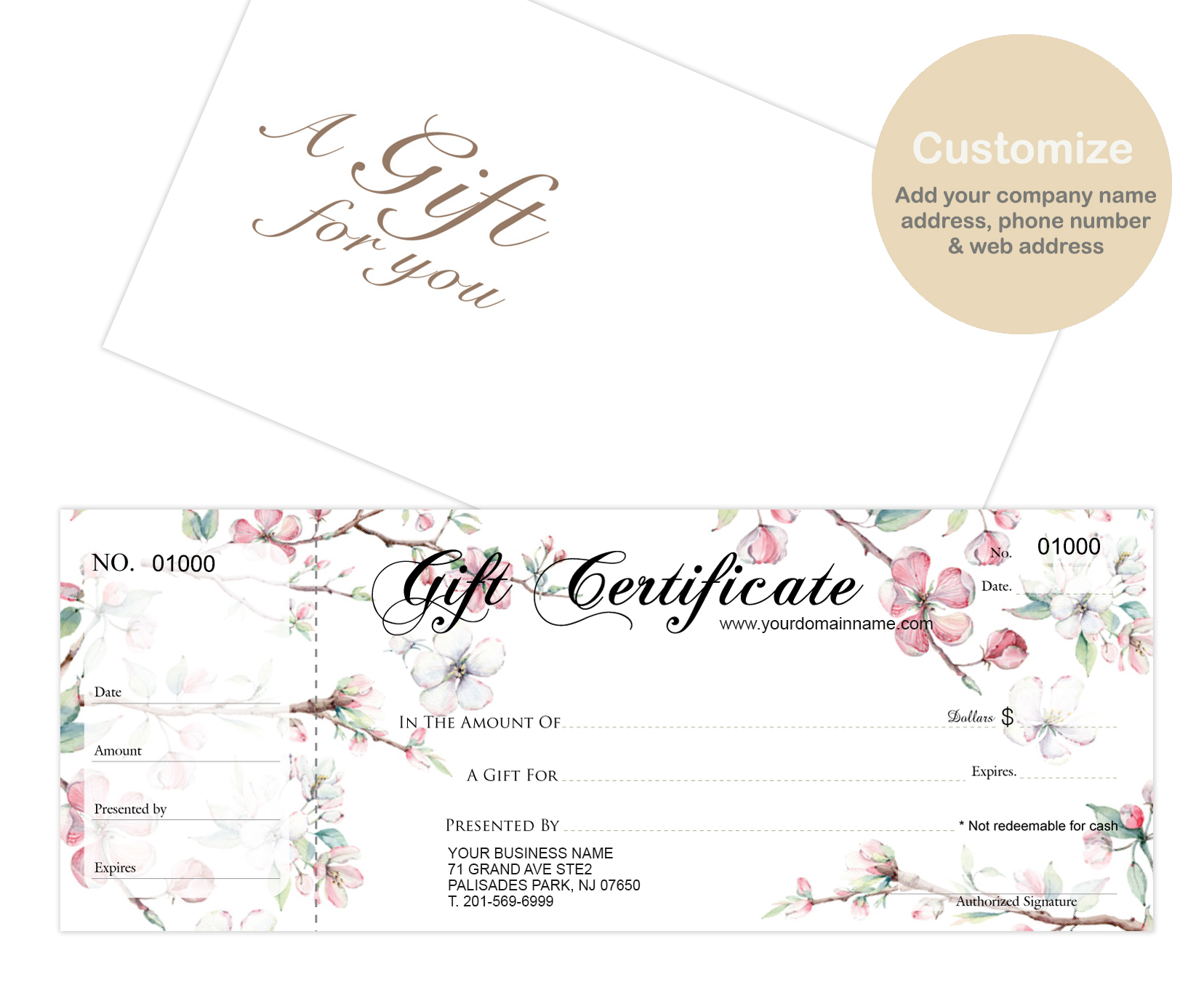 Custom Gift Certificates Cards with Envelopes 100 set -Blossom