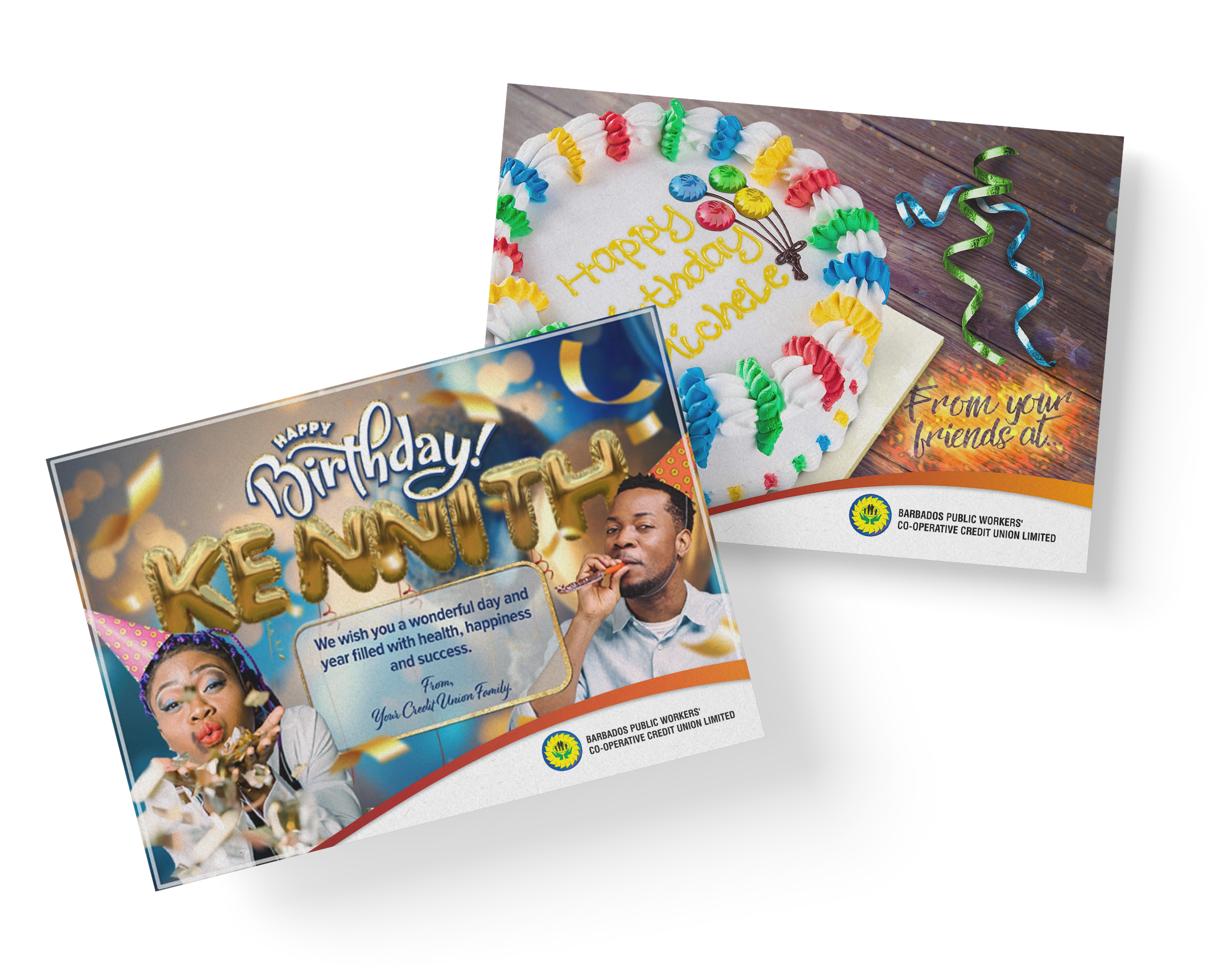 Existing personalised birthday card examples featuring names integrated into balloon and cake imagery