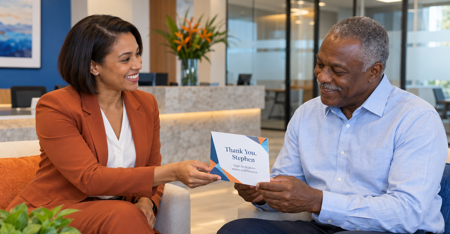 Colleagues sharing a personalised appreciation card in a professional office