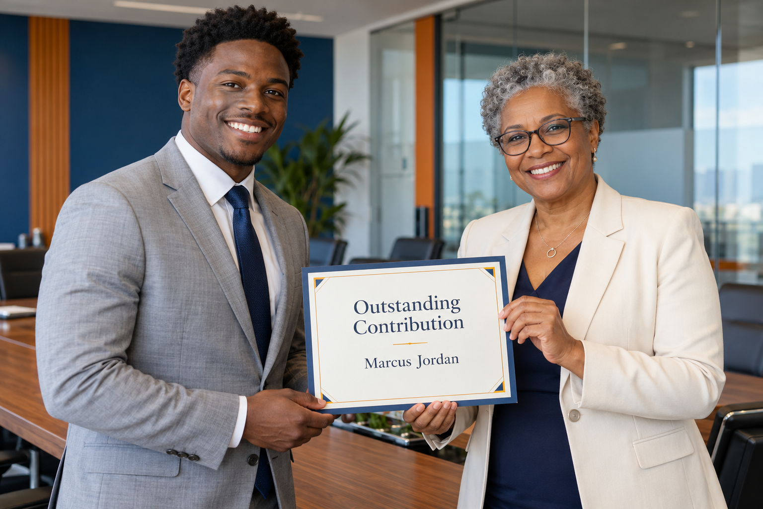 An employee receives a personalised five-year service anniversary certificate from an HR manager