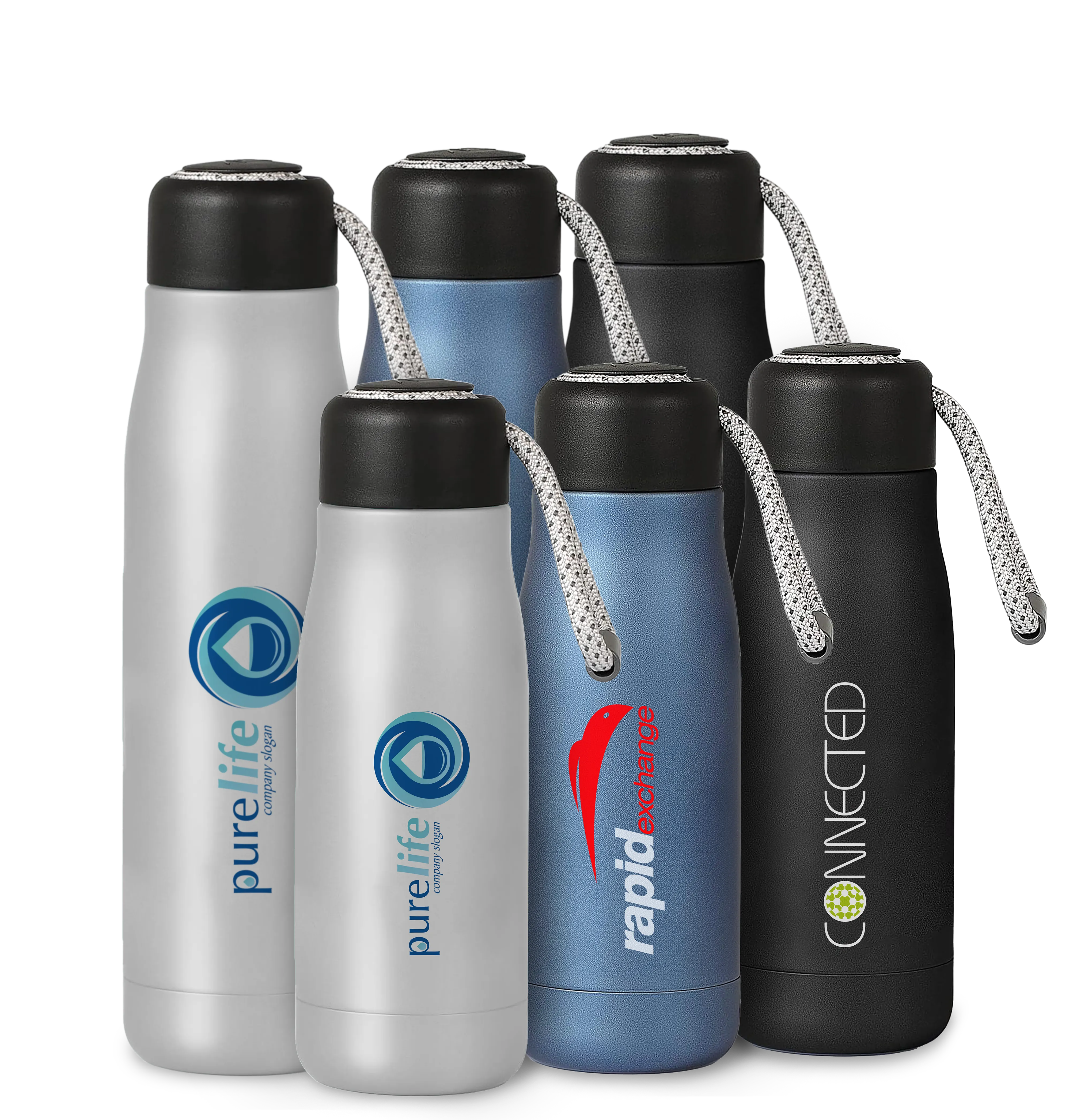 Portable water bottle with carrying strap.