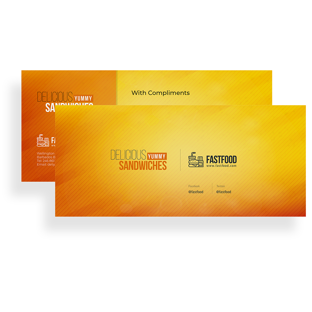 A stack of professionally printed compliment slips with a variety of designs and sizes.