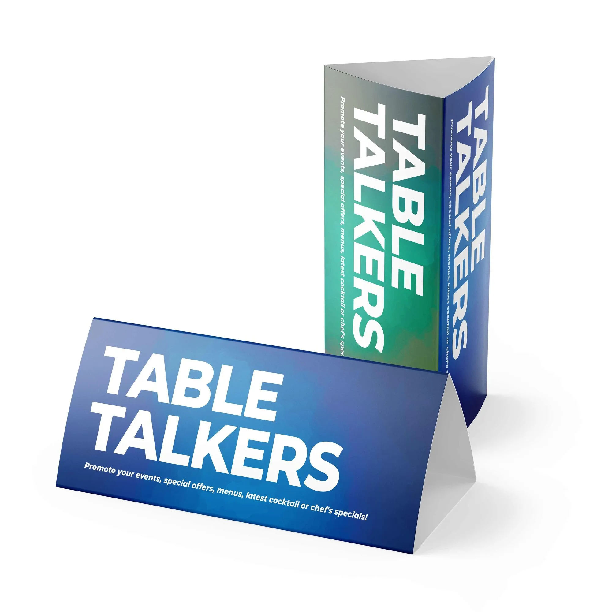 A colorful table tent with a customizable design. Perfect for promoting events, specials, or menu items.