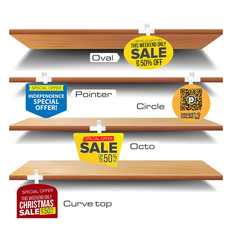 A collection of eye-catching wobblers that can be attached to shelves or displays. Great for promoting products or drawing at