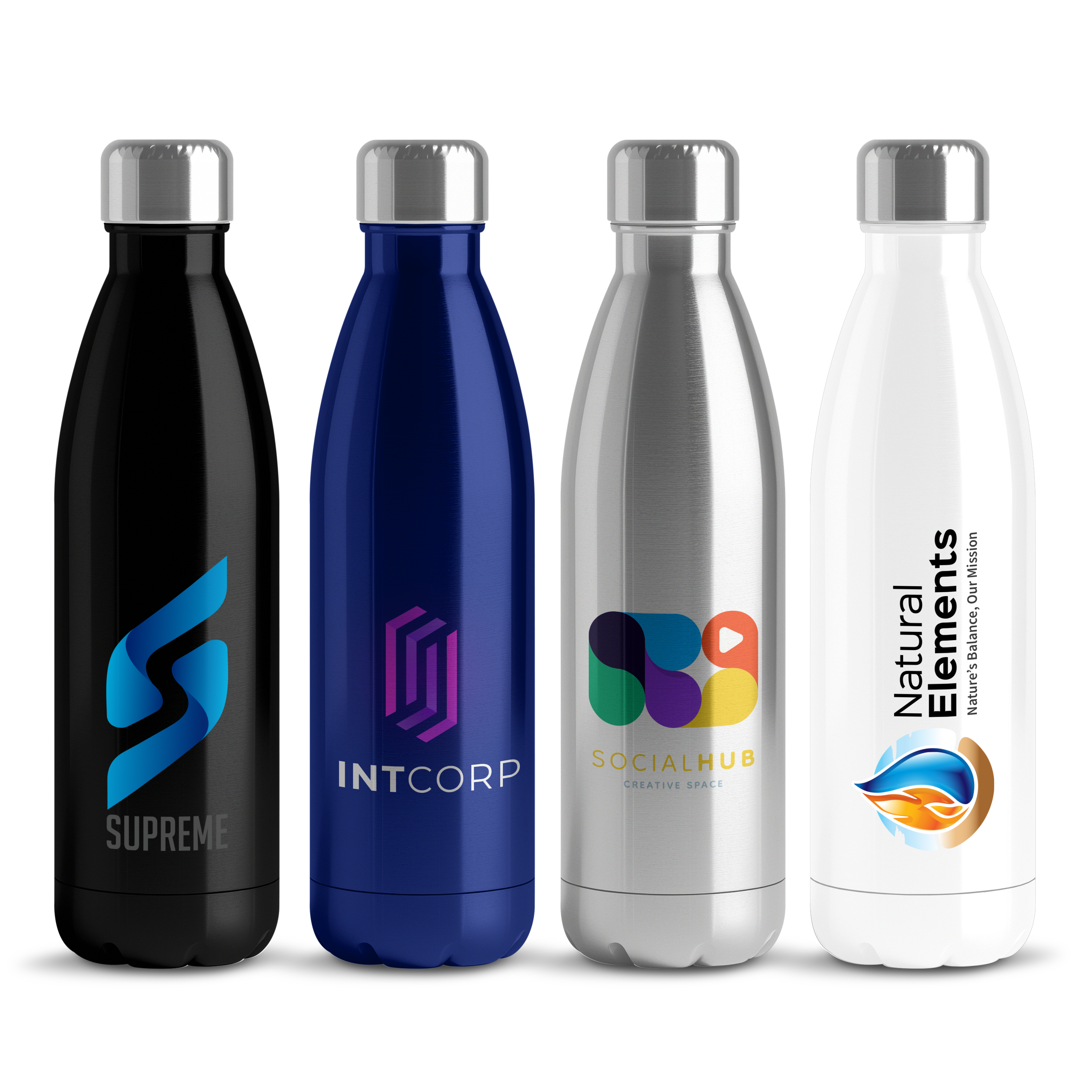 Assorted water bottles for hydration.