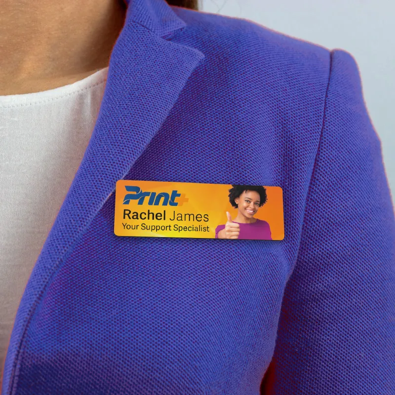 A set of customizable magnetic name badges that can be used to identify yourself at events or meetings.