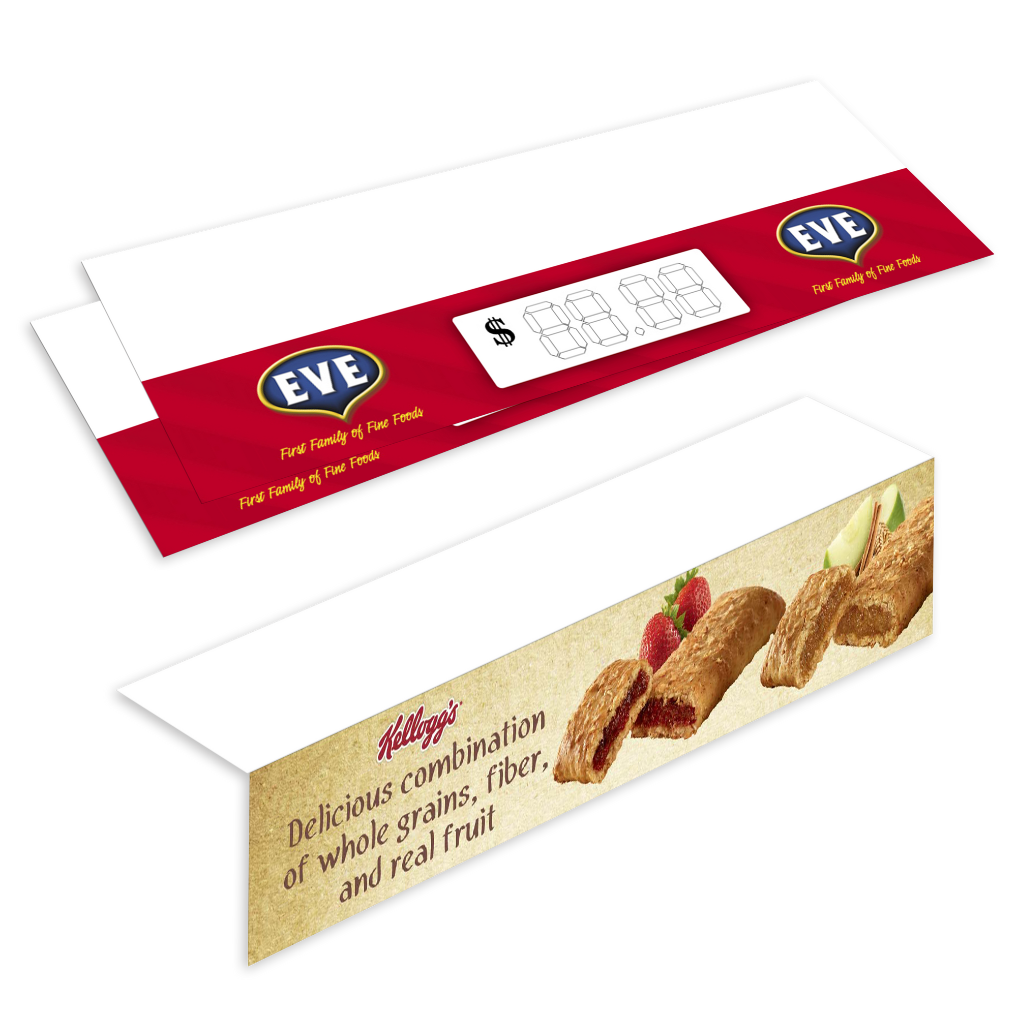 Customizable shelf talkers for supermarket promotions.