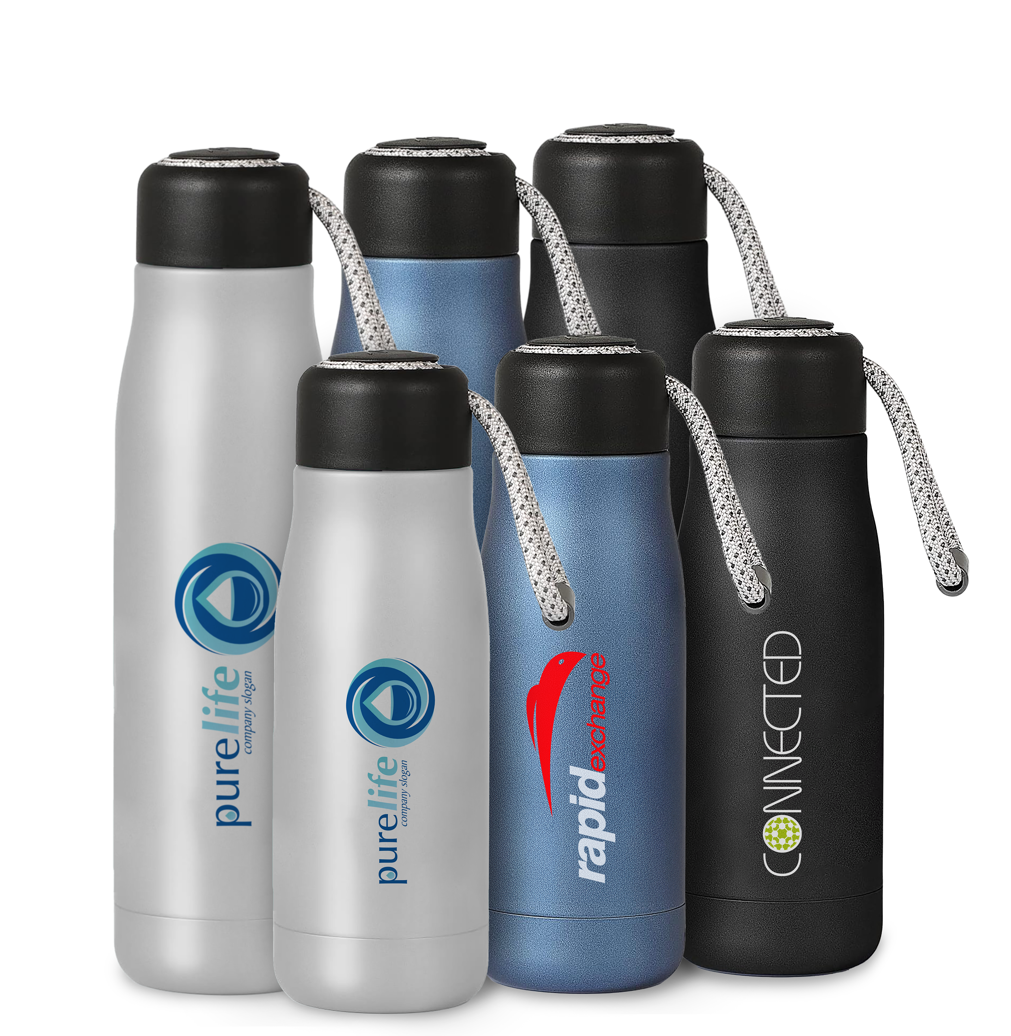 A water bottle with a strap that can be carried on your shoulder or backpack.