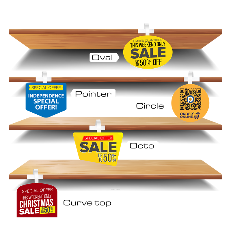A collection of eye-catching wobblers that can be attached to shelves or displays. Great for promoting products or drawing at