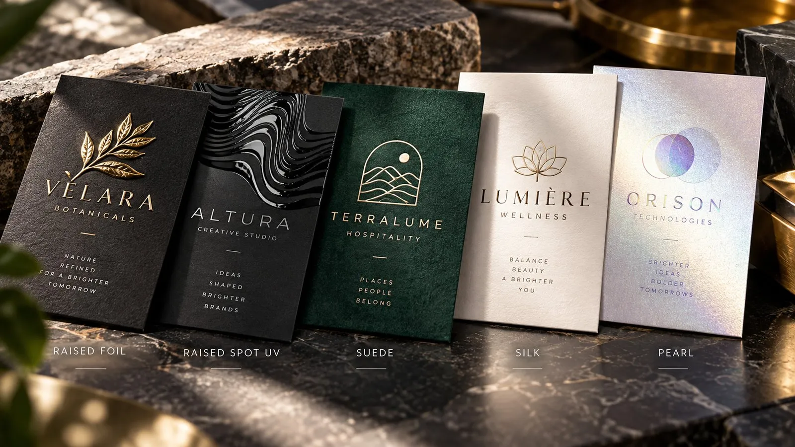 Close-up comparison of raised foil, raised spot UV and soft-touch business card finishes