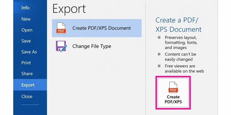 Publisher export to PDF menu