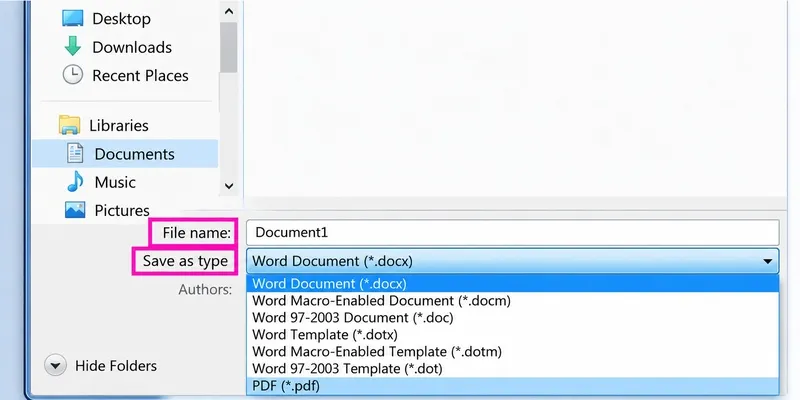 Word save as PDF type