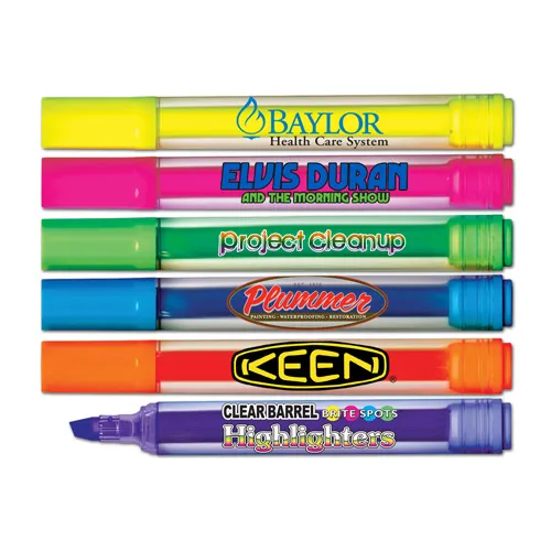 Brite Spots® Fluorescent Highlighters with Clear Barrel & Full Color Decal - USA Made