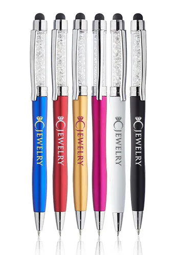 Slender Crystalline Plastic Ballpoint Pens with Stylus
