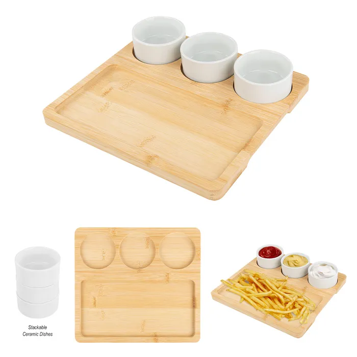Bamboo Serving Tray With Ceramic Bowls