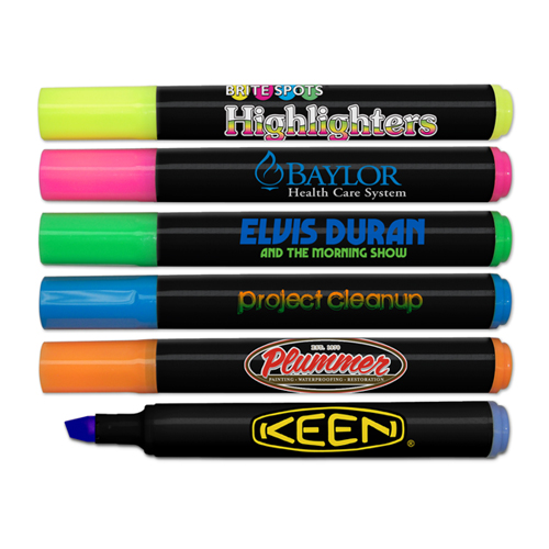 Brite Spots® Fluorescent Highlighters with Black Barrel & Full Color Decal - USA Made