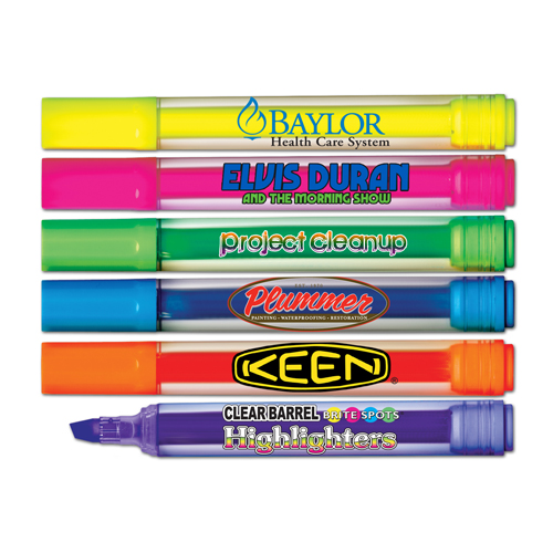 Brite Spots® Fluorescent Highlighters with Clear Barrel & Full Color Decal - USA Made