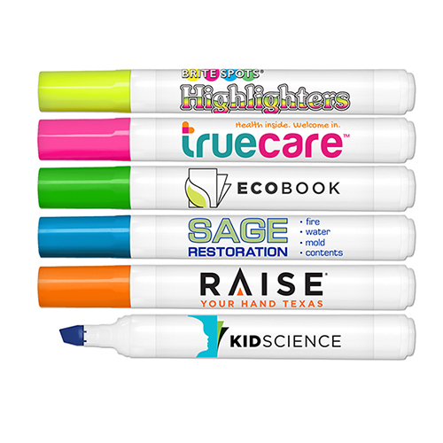 Brite Spots® Fluorescent Highlighters with White Barrel & Full Color Decal - USA Made