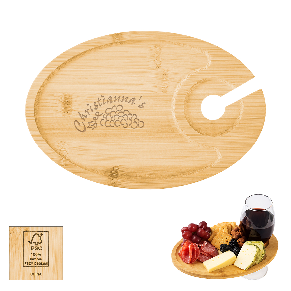 Wine & Dine Recessed Bamboo Tray With Wine Glass Holder 2