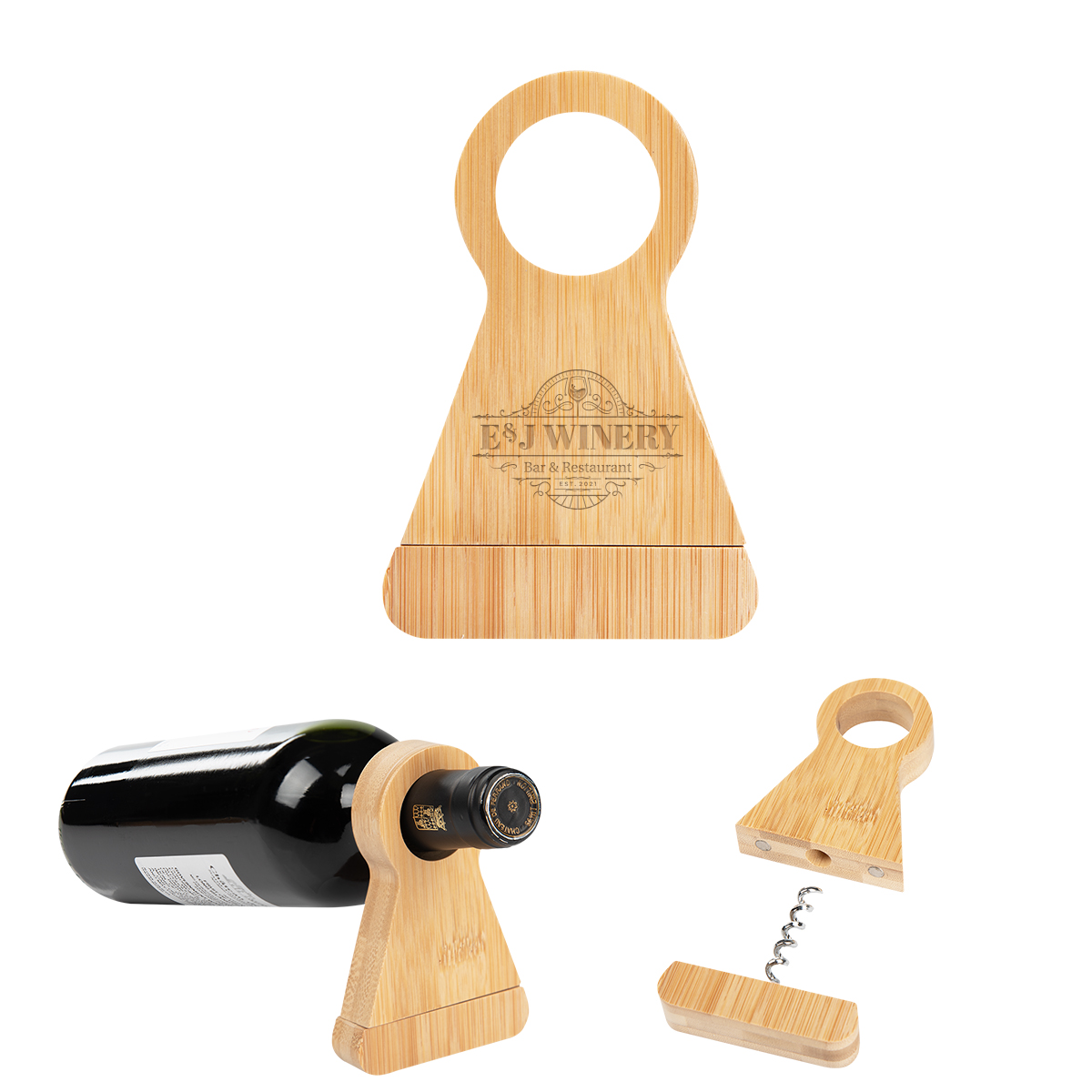 Bamboo Wine Bottle Stand With Corkscrew 1